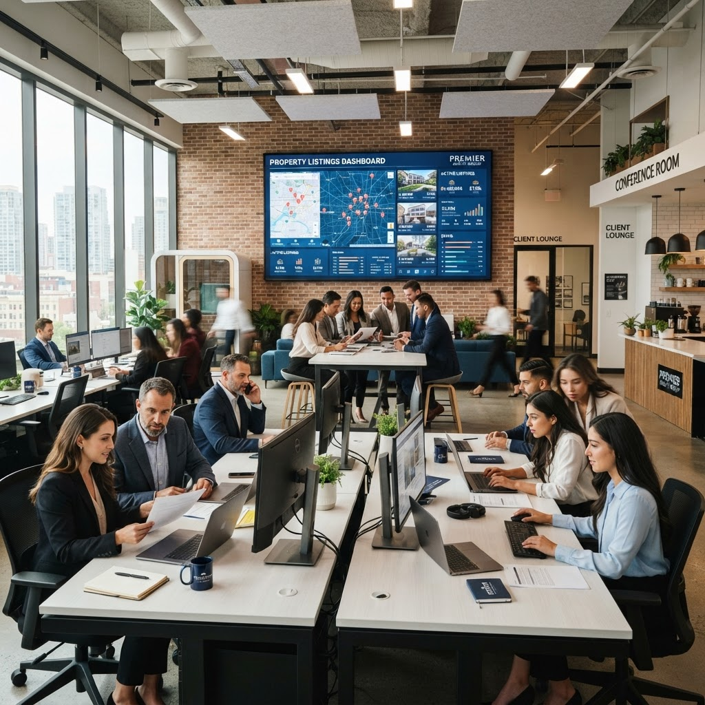 Real estate brokerage team working together in an office