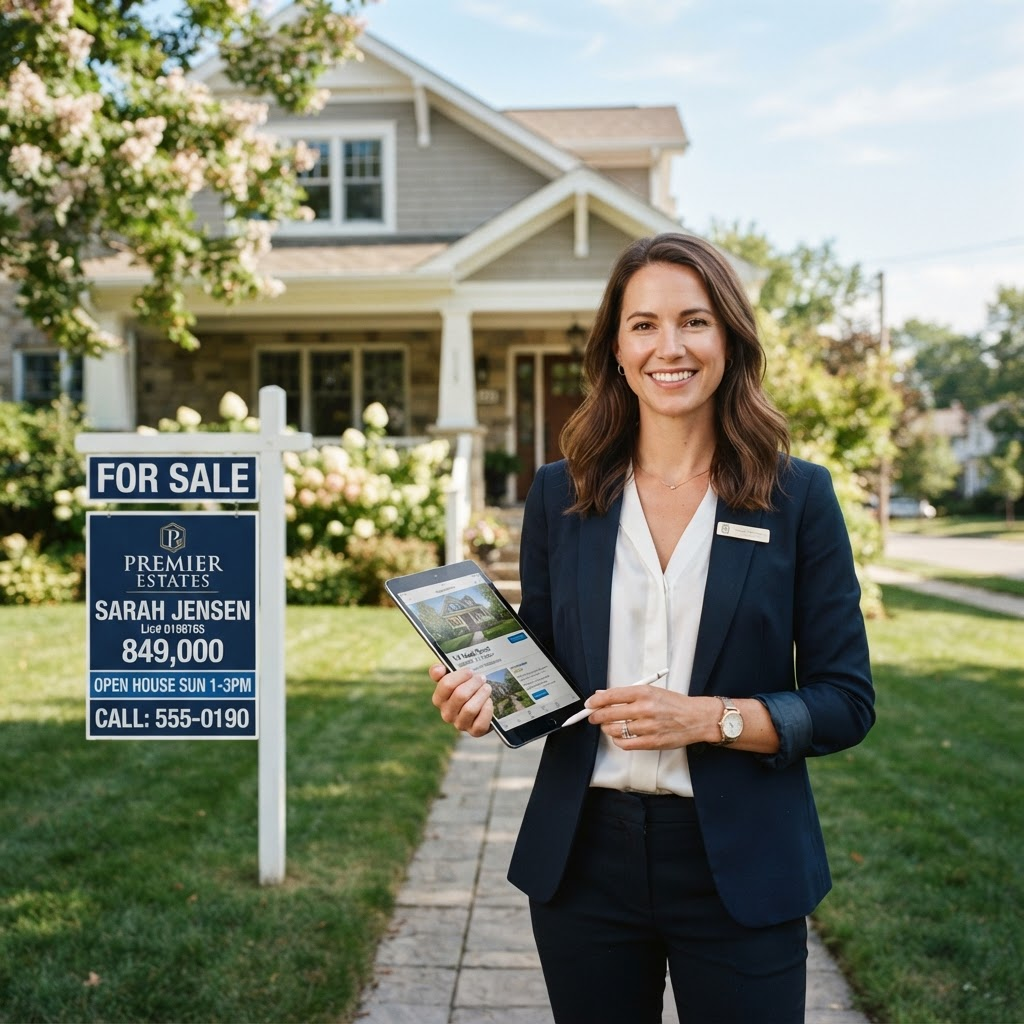Solo real estate agent standing outside a home for sale