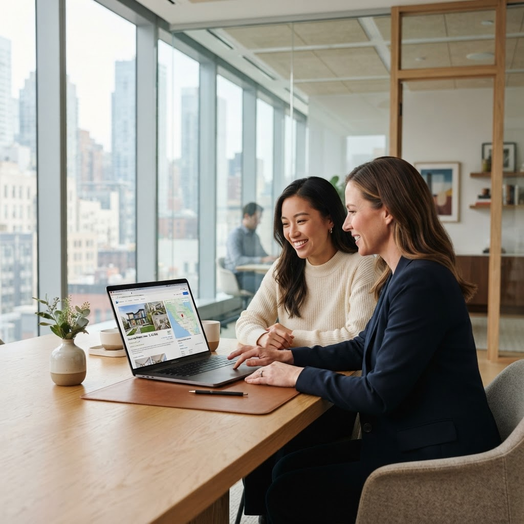 A real estate agent reviewing a property listing with a client on a laptop