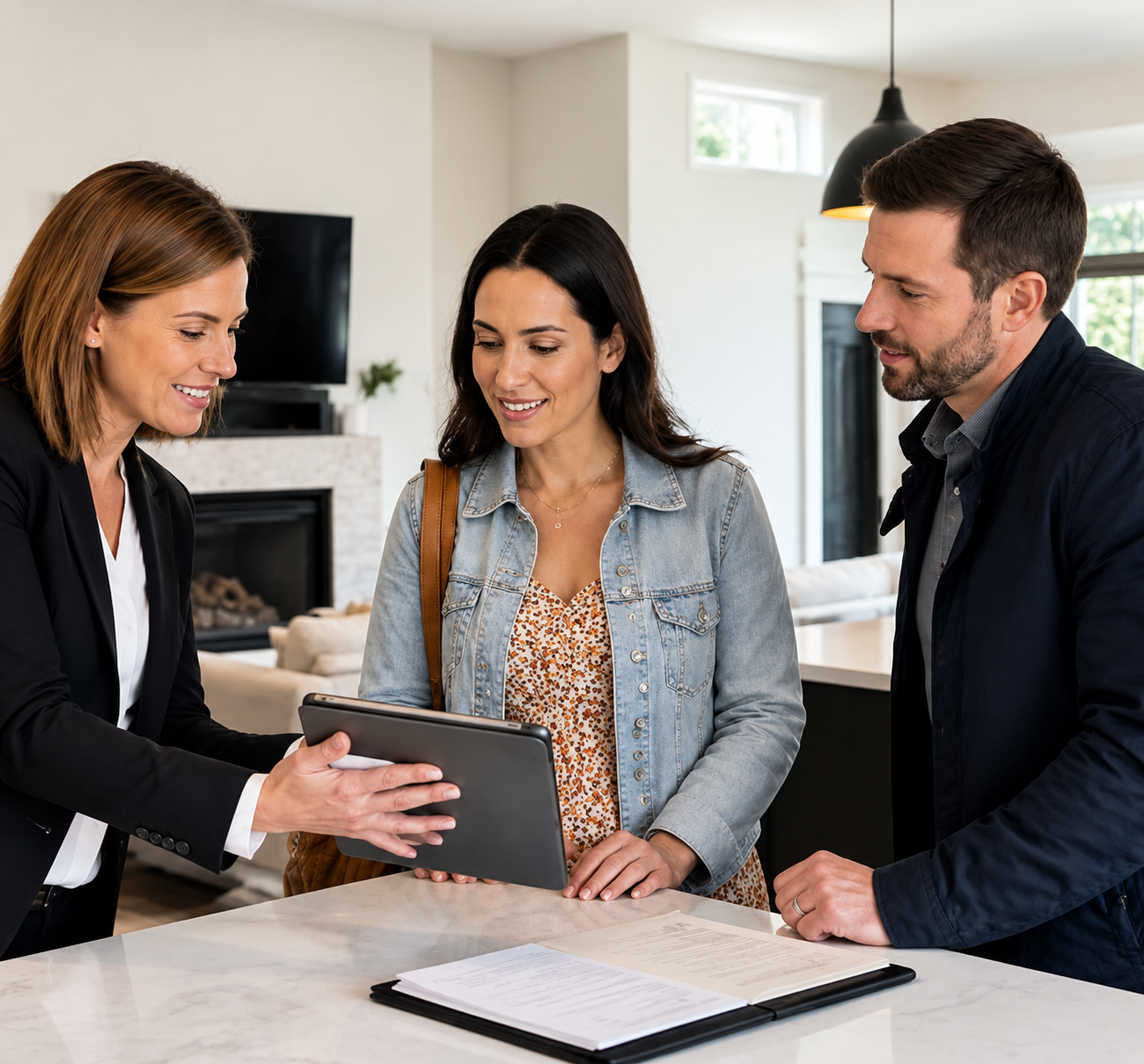 Real estate agent reviewing a property with two clients