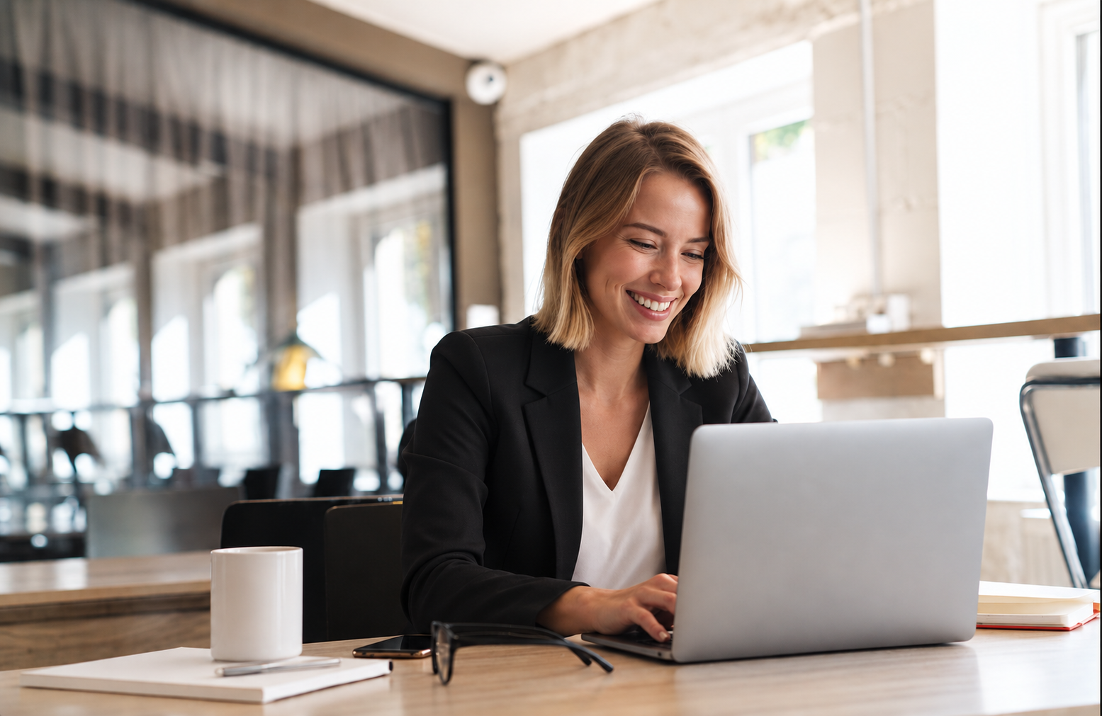 Happy real estate professional working at a laptop in a bright office