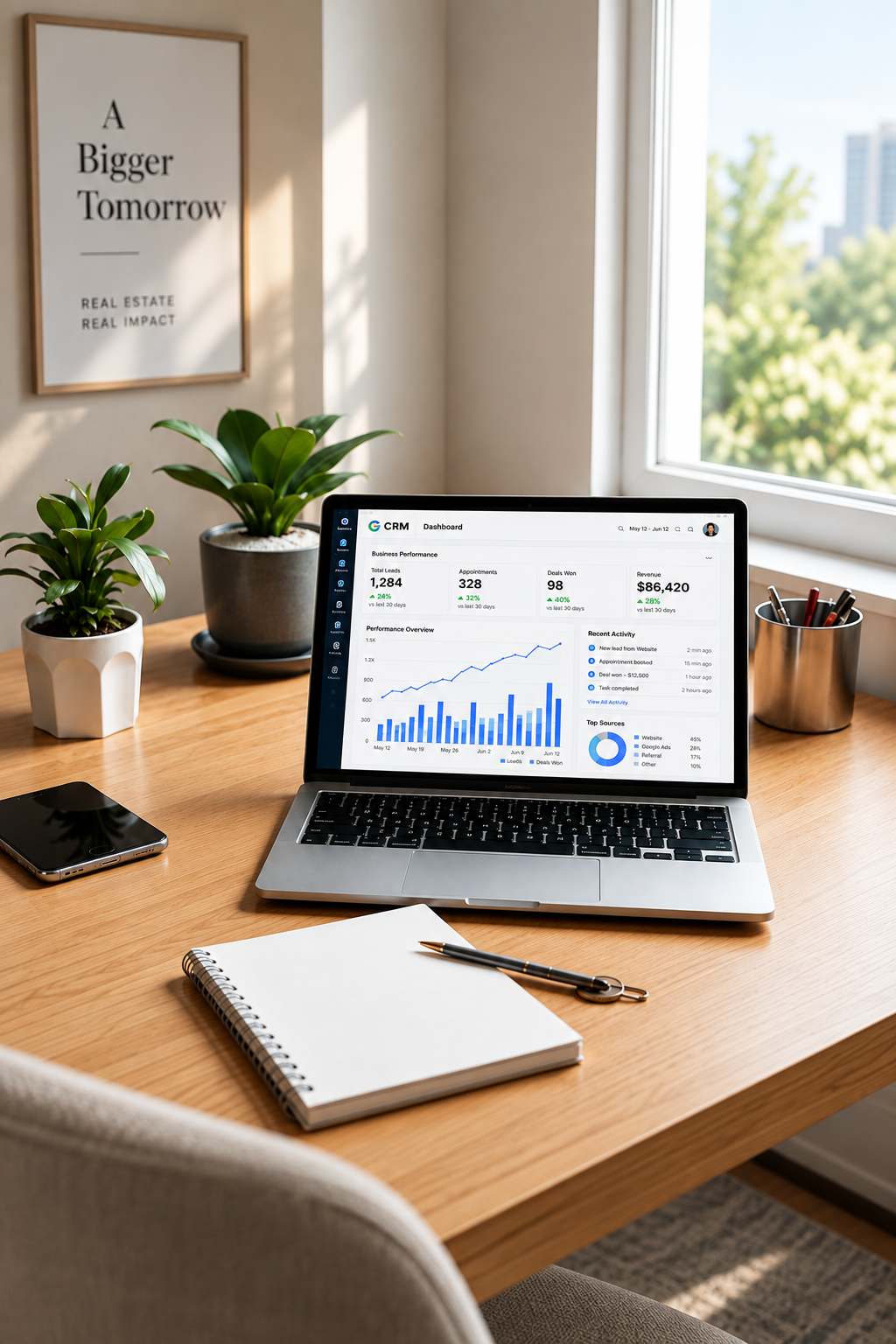 Real estate CRM dashboard on a laptop in a bright workspace