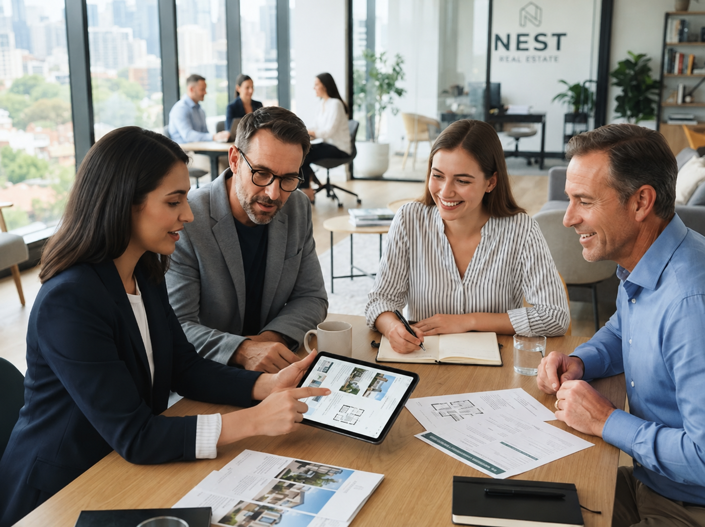 Real estate professionals reviewing property documents around a conference table